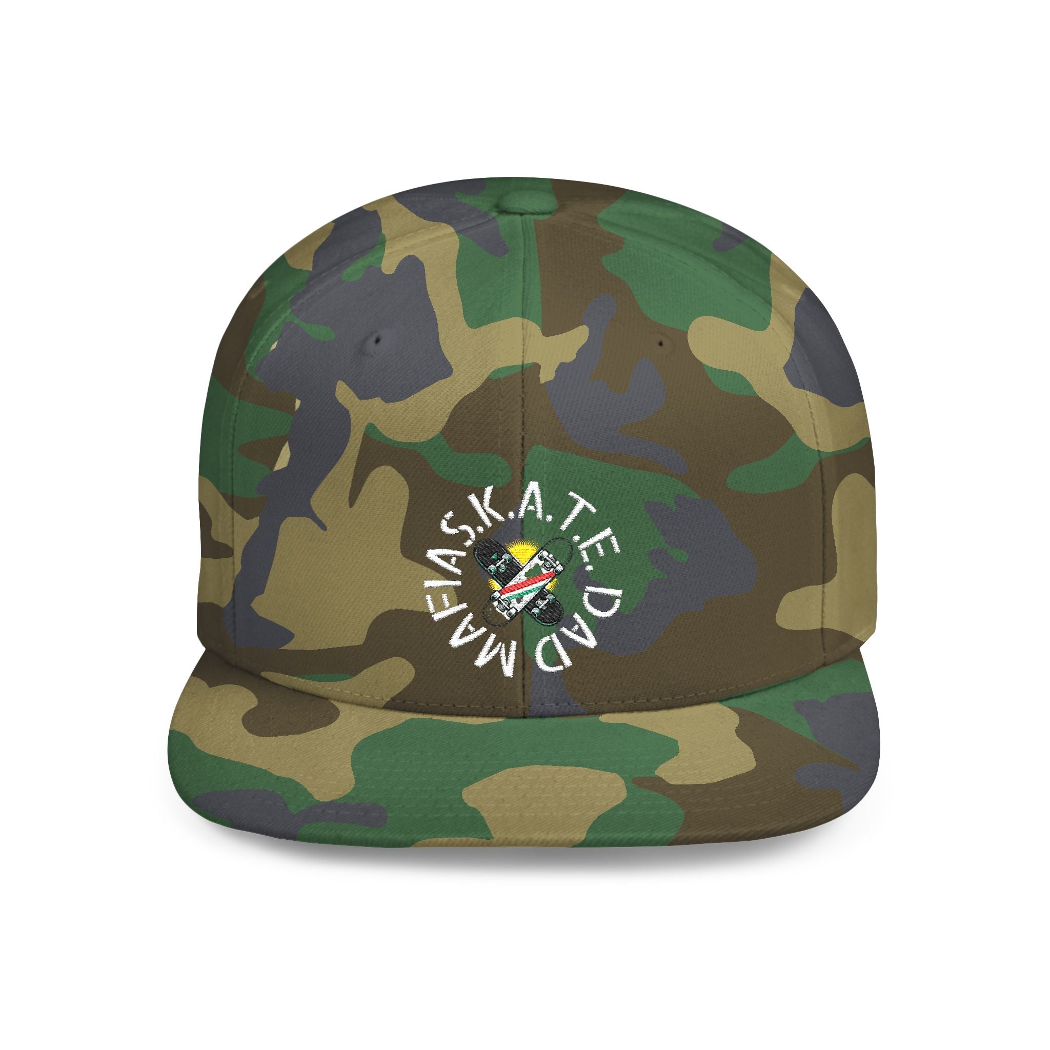 S.K.A.T.E DAD MAFIA Camo Flat Bill Snapback, Trendy Baseball Cap, Outdoor Headwear, Streetwear Accessory, Gift for Him